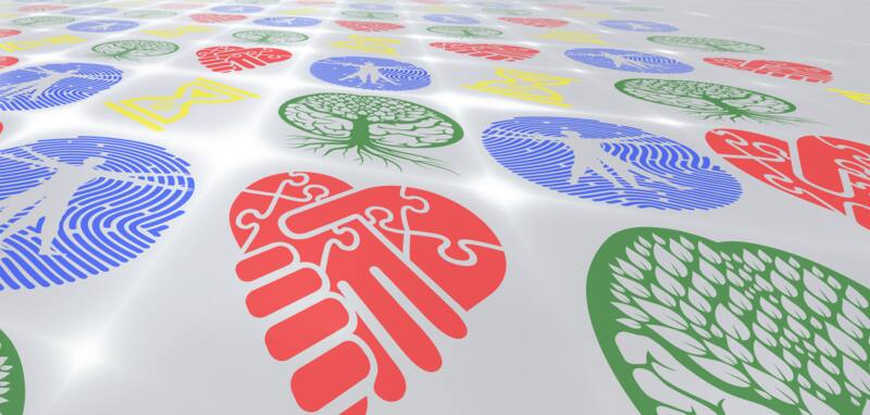 A bright floor of body, heart, mind and soul logos in blue, red, green and yellow, from the cover of Baseline Your Life.